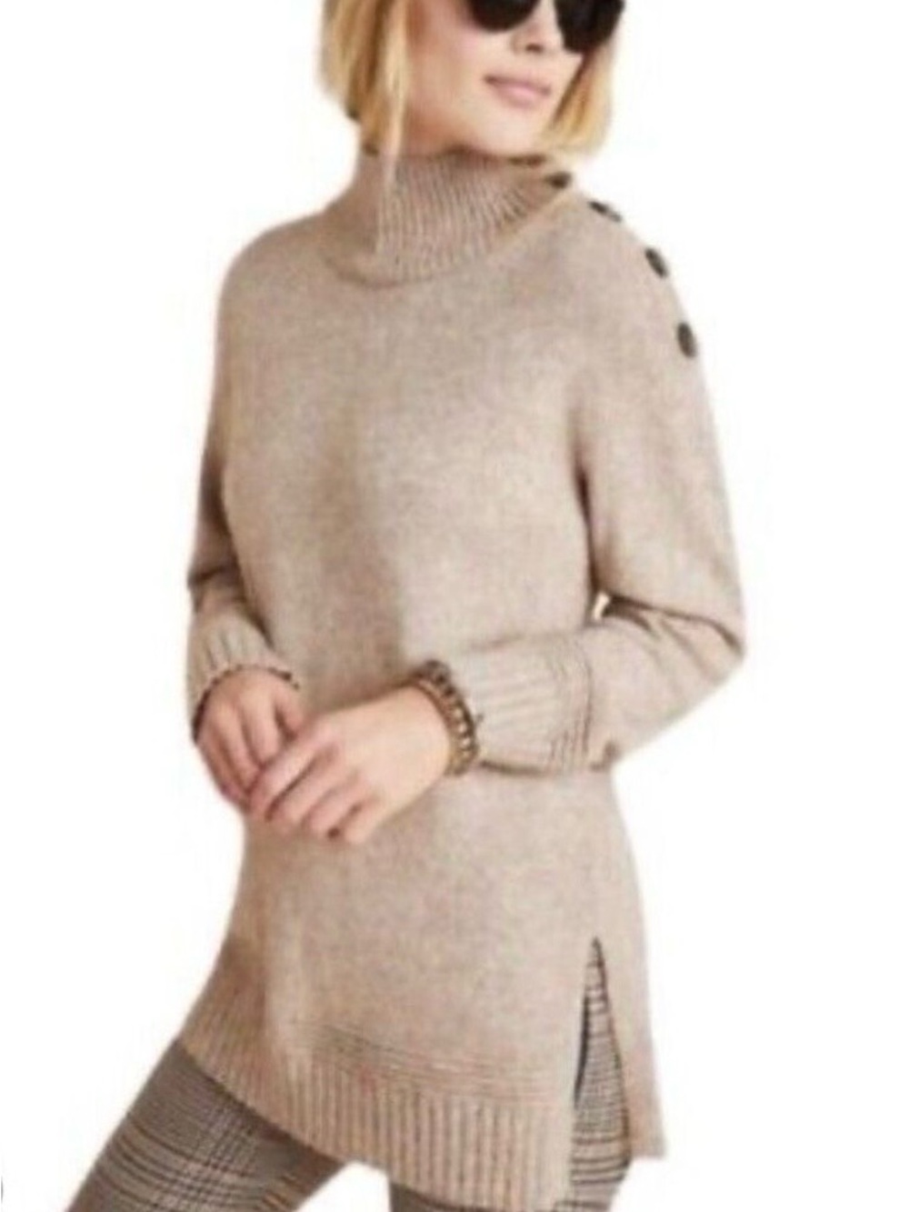 Anthropologie Margarita Tan Button-Shoulder Oversized Turtleneck Tunic Sweater S